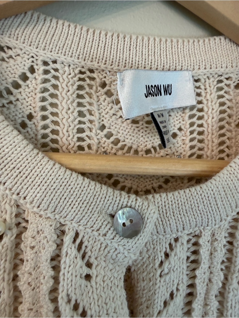 Jason Wu Pearl Pointelle Lace Cardigan Sweater Beige Scallop Short Sleeve M - Picture 9 of 9